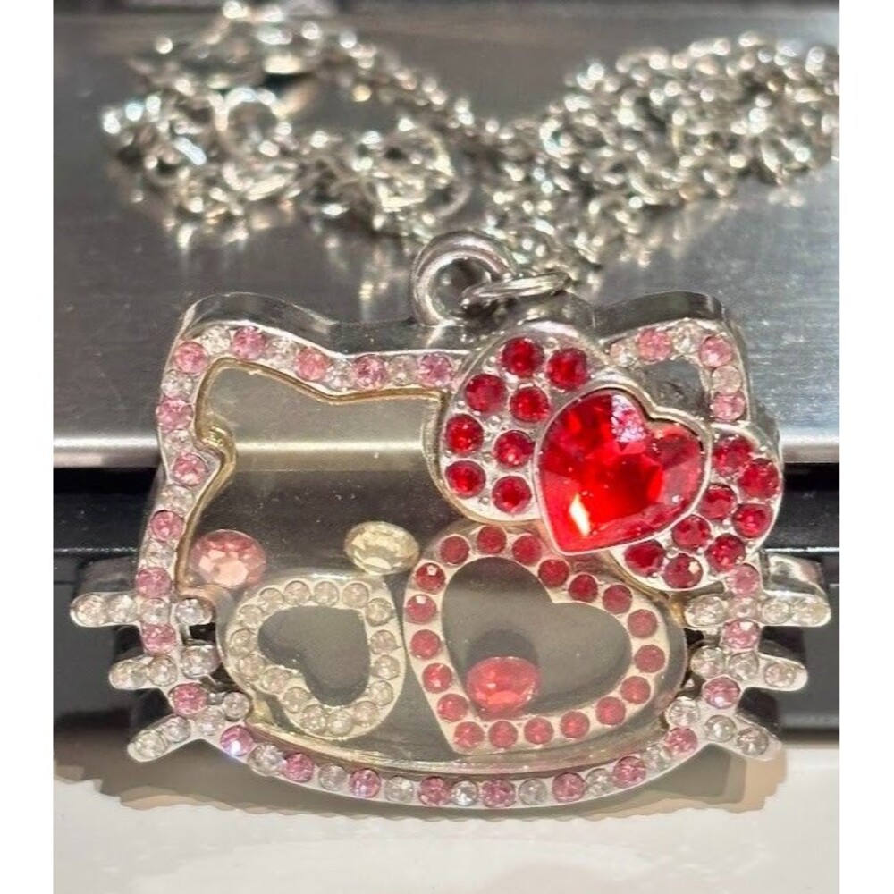 Sanrio Hello Kitty Shaker Pendant Necklace Rhinestone Heart Silver Tone Y2K 2012